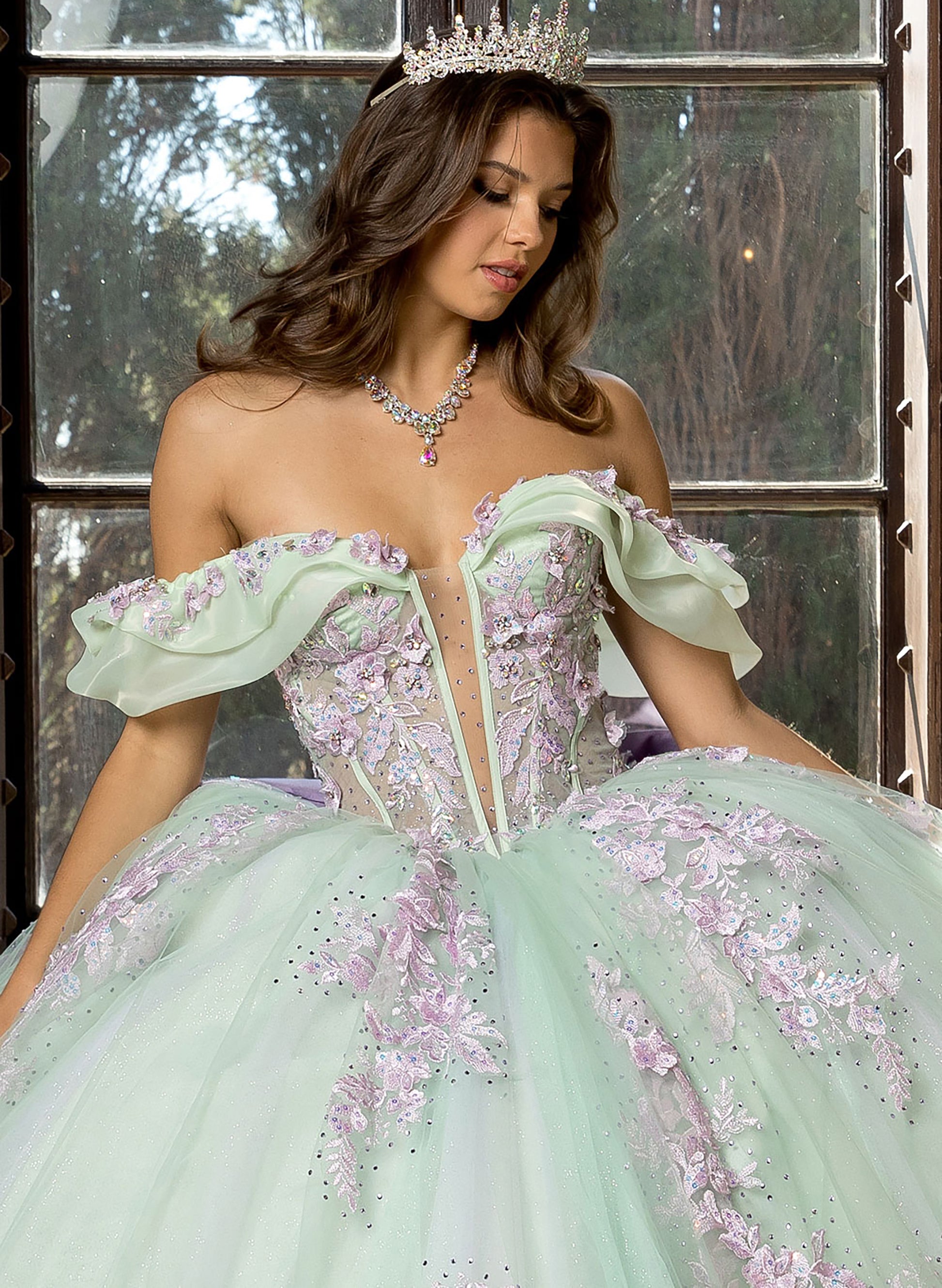 Quinceanera | Sage/Lilac See-through 3D Flowers, Embroidery, Bead bodice and Glitter Tulle Ballgown | Fernanda dress | 2 Colors Available front zoom