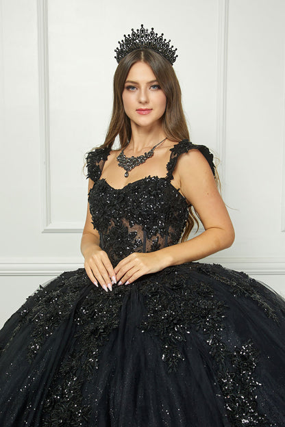 Black Detachable Sleeve Quince Ballgown - front view of woman wearing dress with hands at front