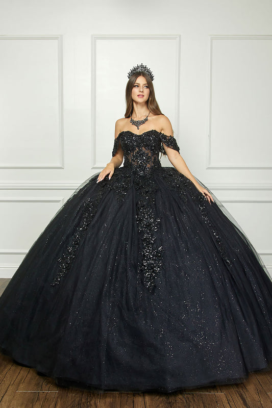 Black Detachable Sleeve Quince Ballgown - front view of woman wearing dress