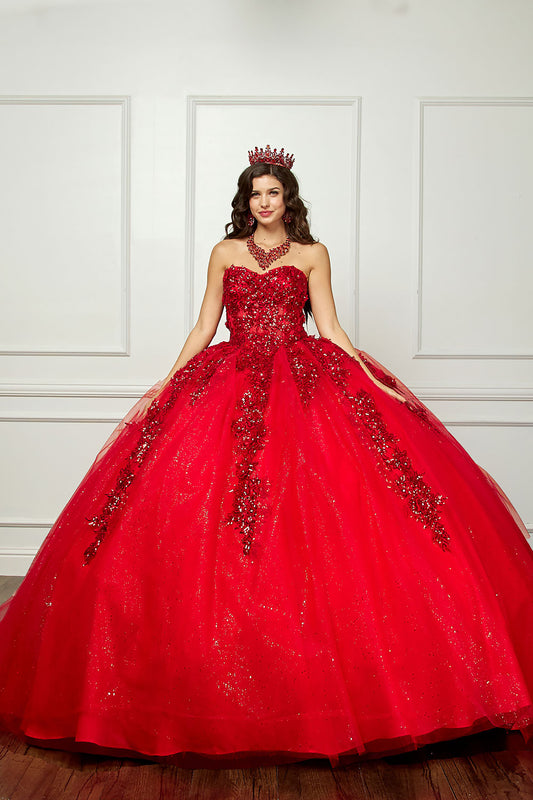 Red Detachable Sleeve Quince Ballgown - front view of woman wearing dress with hands at sides