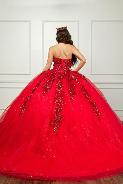 Red Detachable Sleeve Quince Ballgown - back view of woman wearing dress with on hand on hip