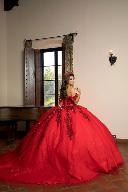 Quinceañera | Red Detachable Sleeve 3D Flowers and Glitter Quince Ballgown | Esperanza dress side view