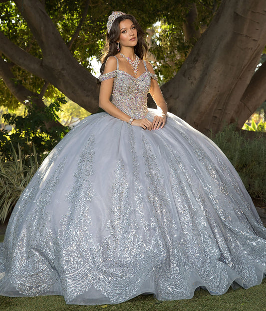 Quinceanera | Platinum Gray Gem-Studded Ball Gown with Removable Off shoulder Sleeves | Yareli dress side view