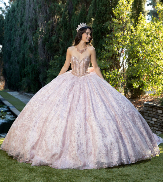 Quinceanera | Blush Glitter Tulle Gown with Detachable Puff Ruffle Sleeve (Arm) and Cathedral Train | Anais dress front