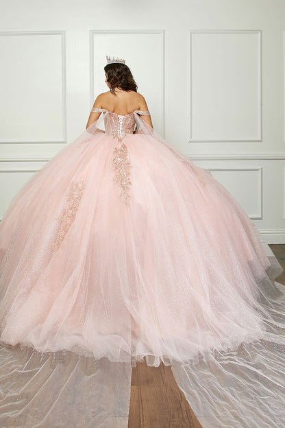 Quinceanera | Blush Off-Shoulder Ballgown with Beading, Rhinestones, 3D Flowers, Golden Embroidery, and Detachable Glitter Cape - back view of woman wearing dress and crown