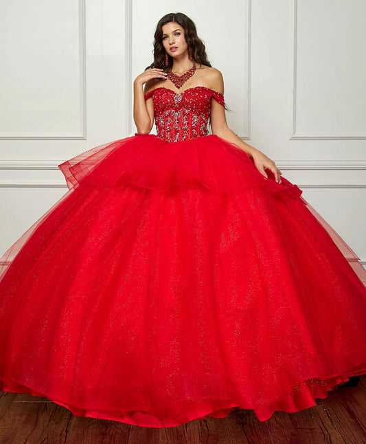 Red Quinceañera | Glittering Tulle Layers, Off-shoulder Bodice adornments, and a detachable bow | 3 Colors Available - front view of woman wearing dress with hand on necklace