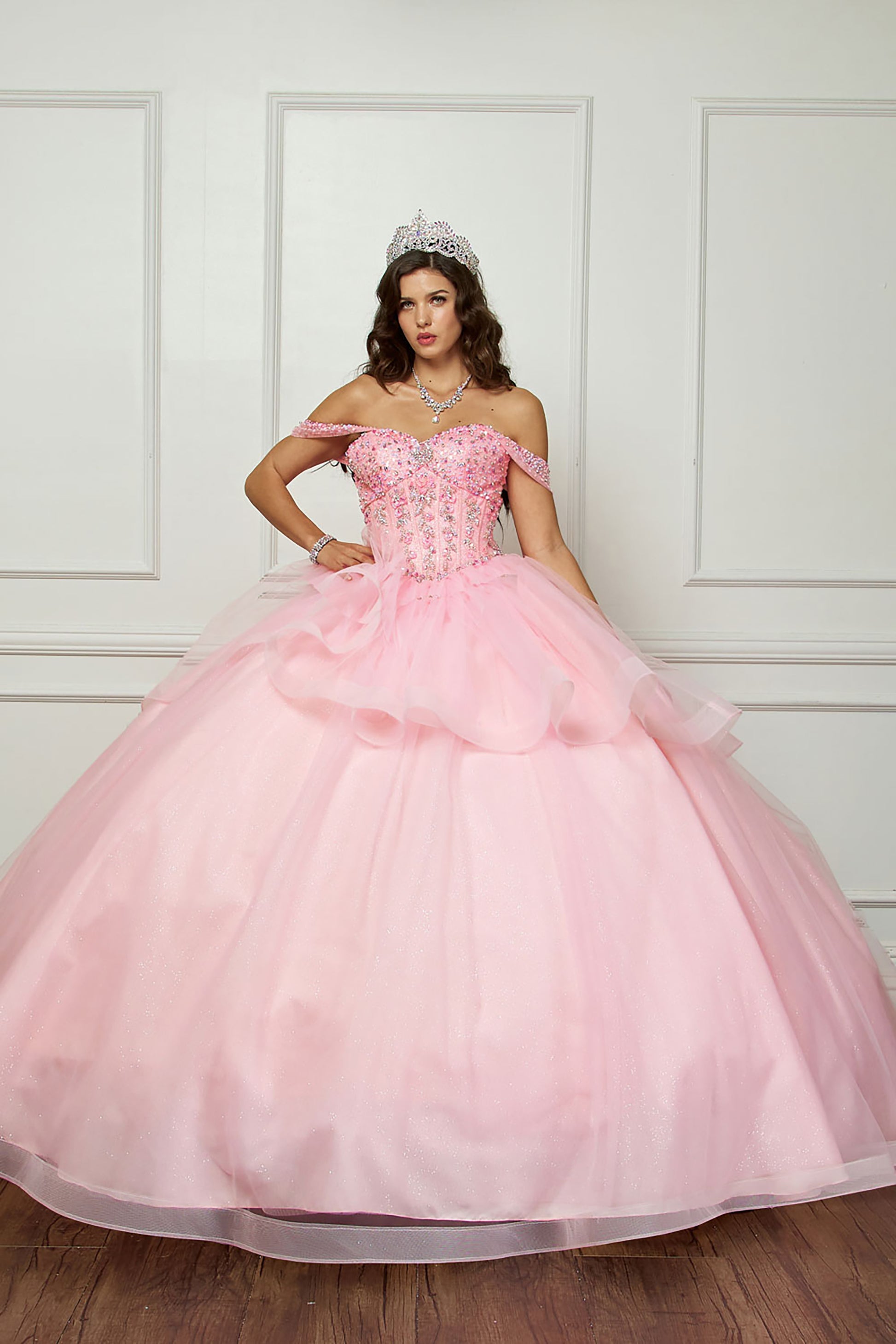 Quinceañera | Pink Glittering Tulle Layers, Off-shoulder Bodice adornments, and a detachable bow | 3 Colors Available | Andrea dress front view