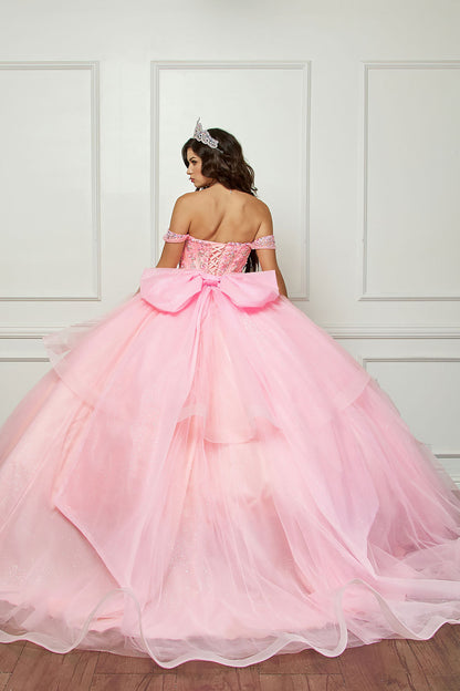 Quinceañera | Pink Glittering Tulle Layers, Off-shoulder Bodice adornments, and a detachable bow | 3 Colors Available | Andrea dress back view