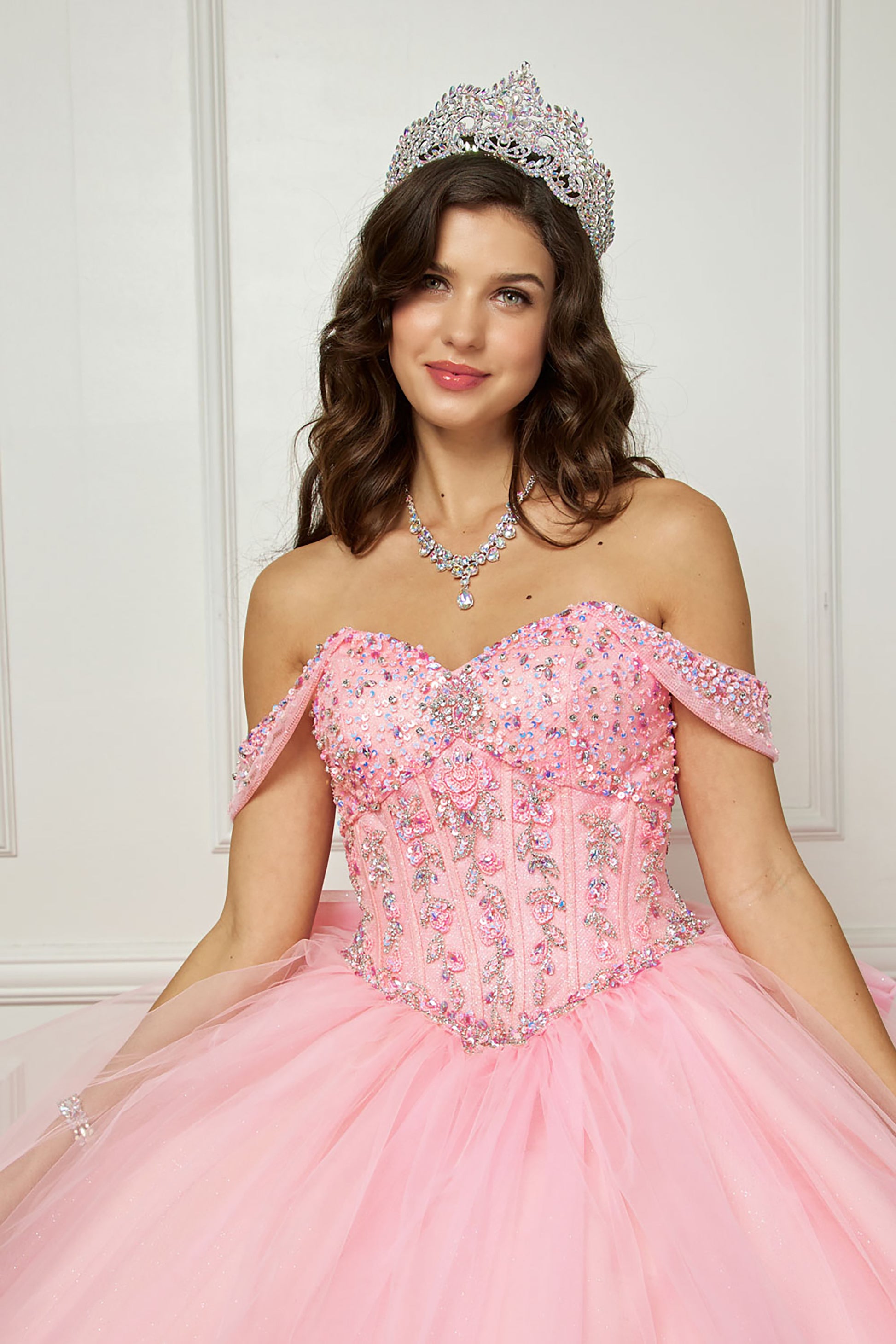 Quinceañera | Pink Glittering Tulle Layers, Off-shoulder Bodice adornments, and a detachable bow | 3 Colors Available | Andrea dress front zoom