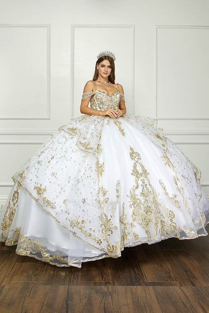 Ivory/Gold Off Shoulder Epaulets Sleeve with Detachable Cathedral Tulle Train Quince Ball Gown - front view of woman wearing dress with folded hands