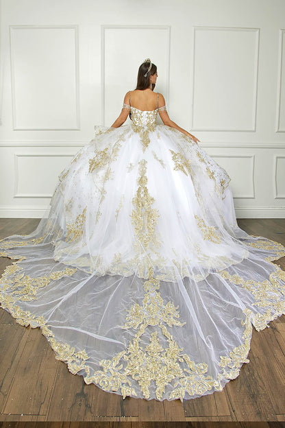 Ivory/Gold Off Shoulder Epaulets Sleeve with Detachable Cathedral Tulle Train Quince Ball Gown - back view of woman wearing dress with hands at side of skirt