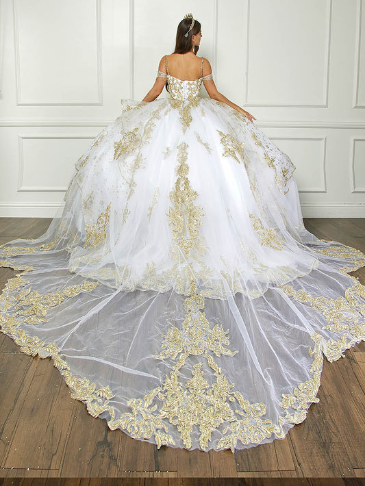 Ivory/Gold Off Shoulder Epaulets Sleeve with Detachable Cathedral Tulle Train Quince Ball Gown - back view of woman wearing dress with hands at side of skirt