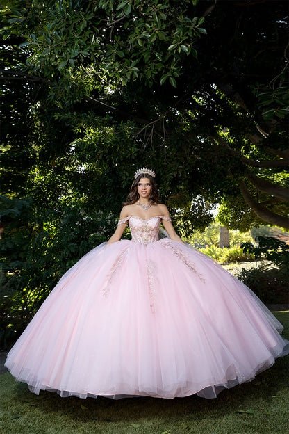 Quinceanera | Blush Off-Shoulder Ballgown with Beading, Rhinestones, 3D Flowers, Golden Embroidery, and Detachable Glitter Cape | Anna Dress front view