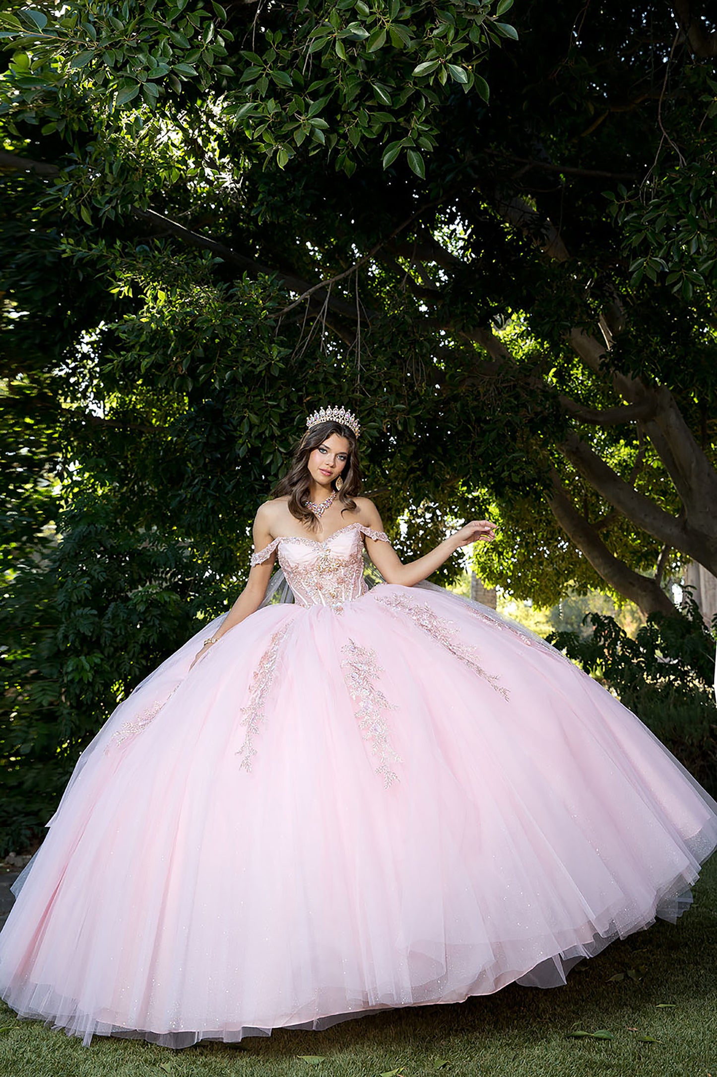 Quinceanera | Blush Off-Shoulder Ballgown with Beading, Rhinestones, 3D Flowers, Golden Embroidery, and Detachable Glitter Cape | Anna Dress  front with tiara