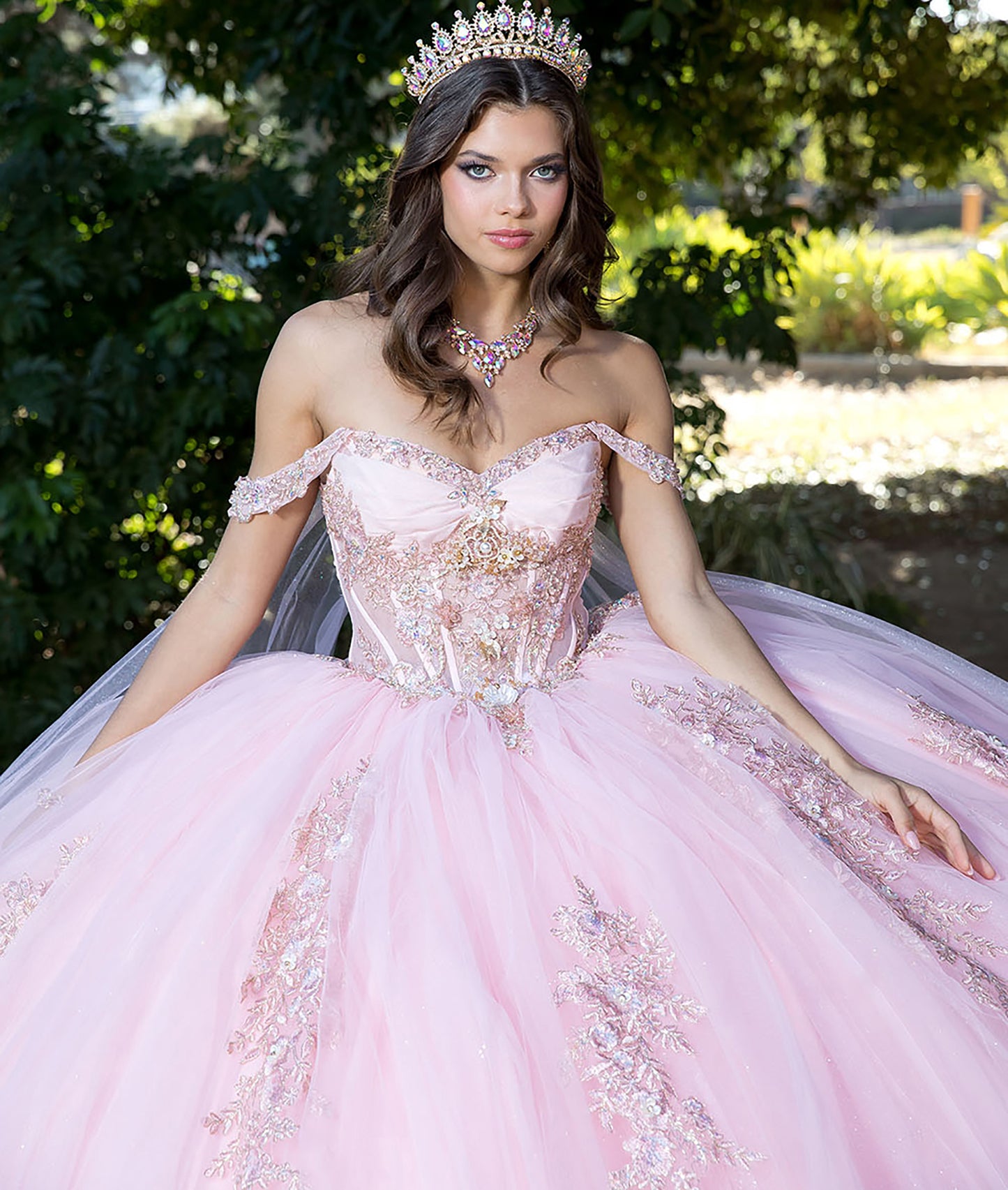 Quinceanera | Blush Off-Shoulder Ballgown with Beading, Rhinestones, 3D Flowers, Golden Embroidery, and Detachable Glitter Cape | Anna Dress