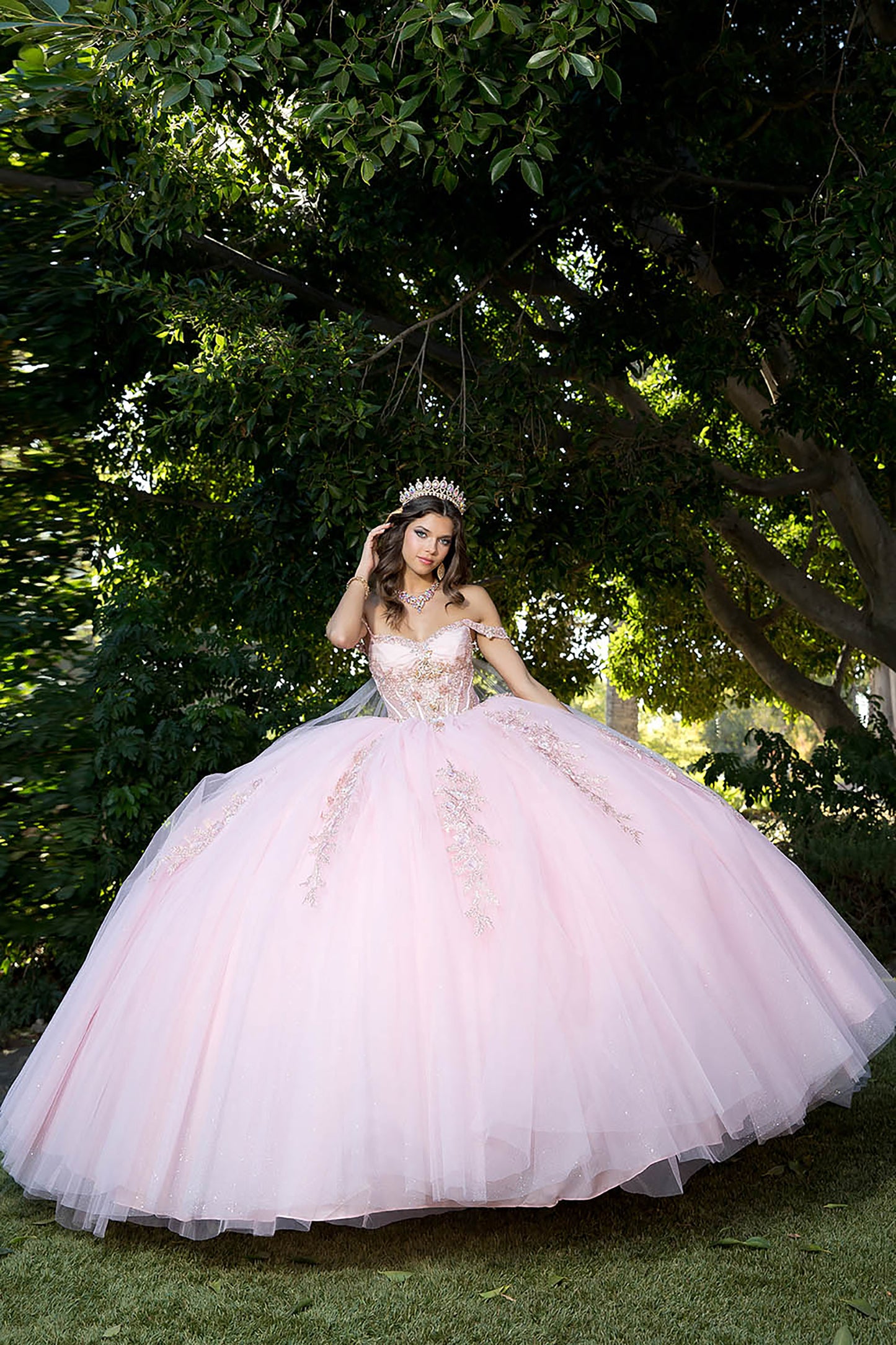 Quinceanera | Blush Off-Shoulder Ballgown with Beading, Rhinestones, 3D Flowers, Golden Embroidery, and Detachable Glitter Cape