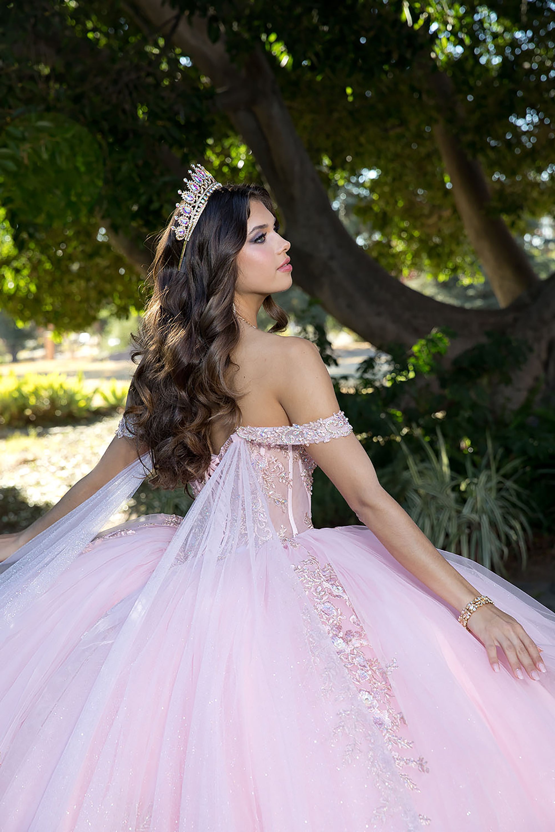 Quinceanera | Blush Off-Shoulder Ballgown with Beading, Rhinestones, 3D Flowers, Golden Embroidery, and Detachable Glitter Cape back zoom