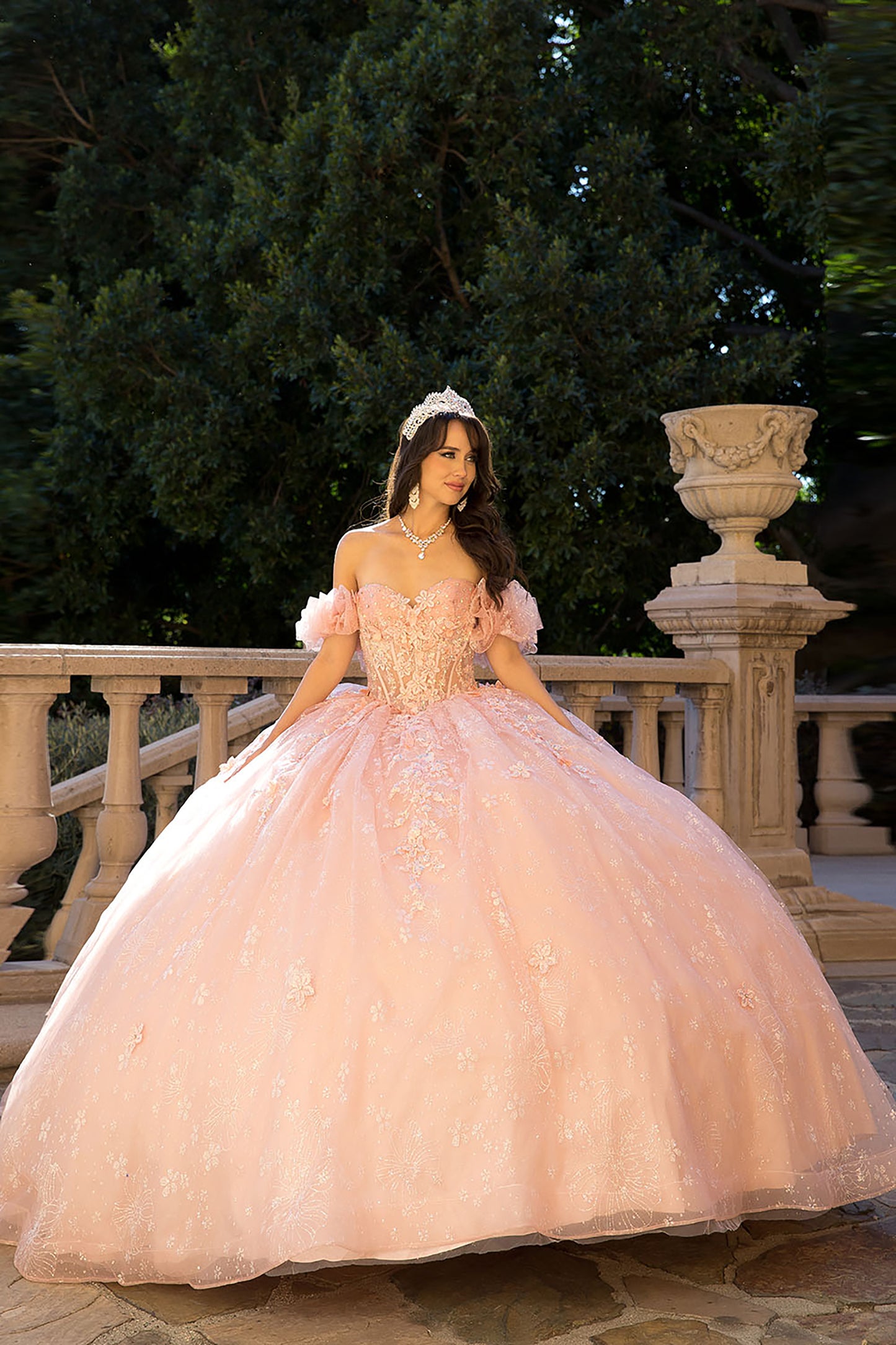 Quinceañera | Blush Long Train Ballgown with 3D Flowers, Rhinestones, and Embroidered Details with Detachable Ruffle Sleeves | Analia dress front view with necklace