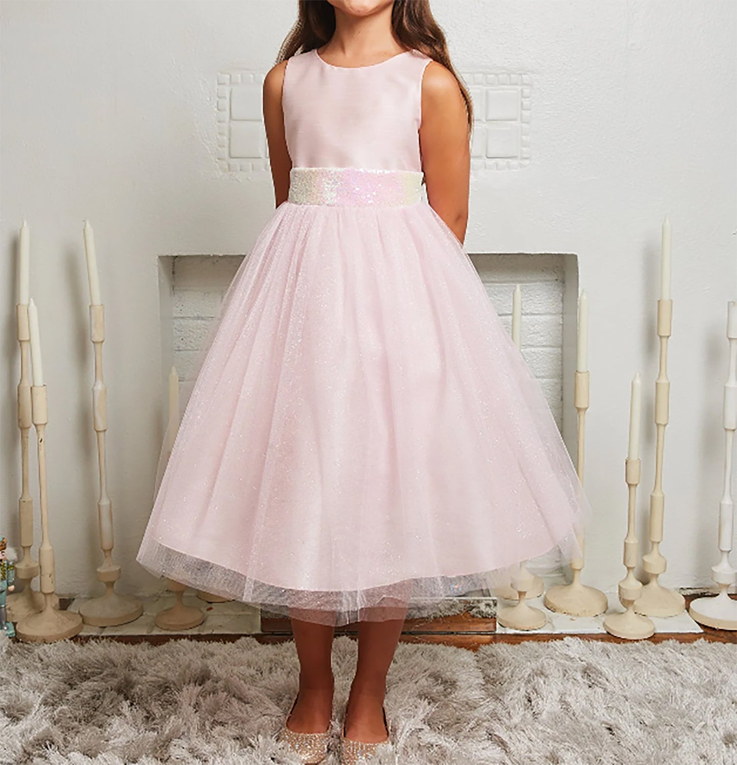 Blush USA Made | Sequin V-Back Tulle Flower Girl Dress with detachable Ribbon pin - front view of girl wearing dress