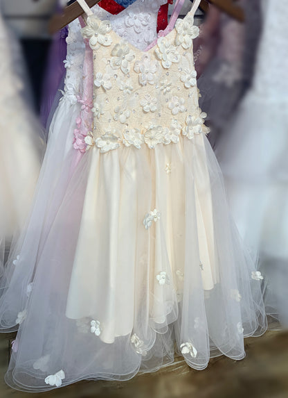 Champagne High-Low Tulle Dress with Embedded 3D Floral Design | Flower Girl Dress - front view of dresses on hangers