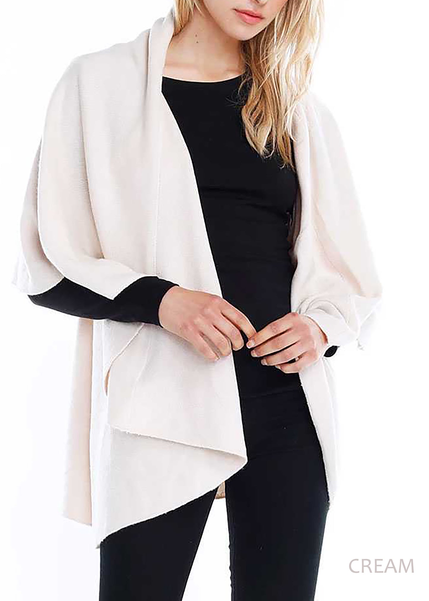 Women 4-in-1 Winter Basic Shawl Vest - woman wearing cream color shawl vest with black shirt