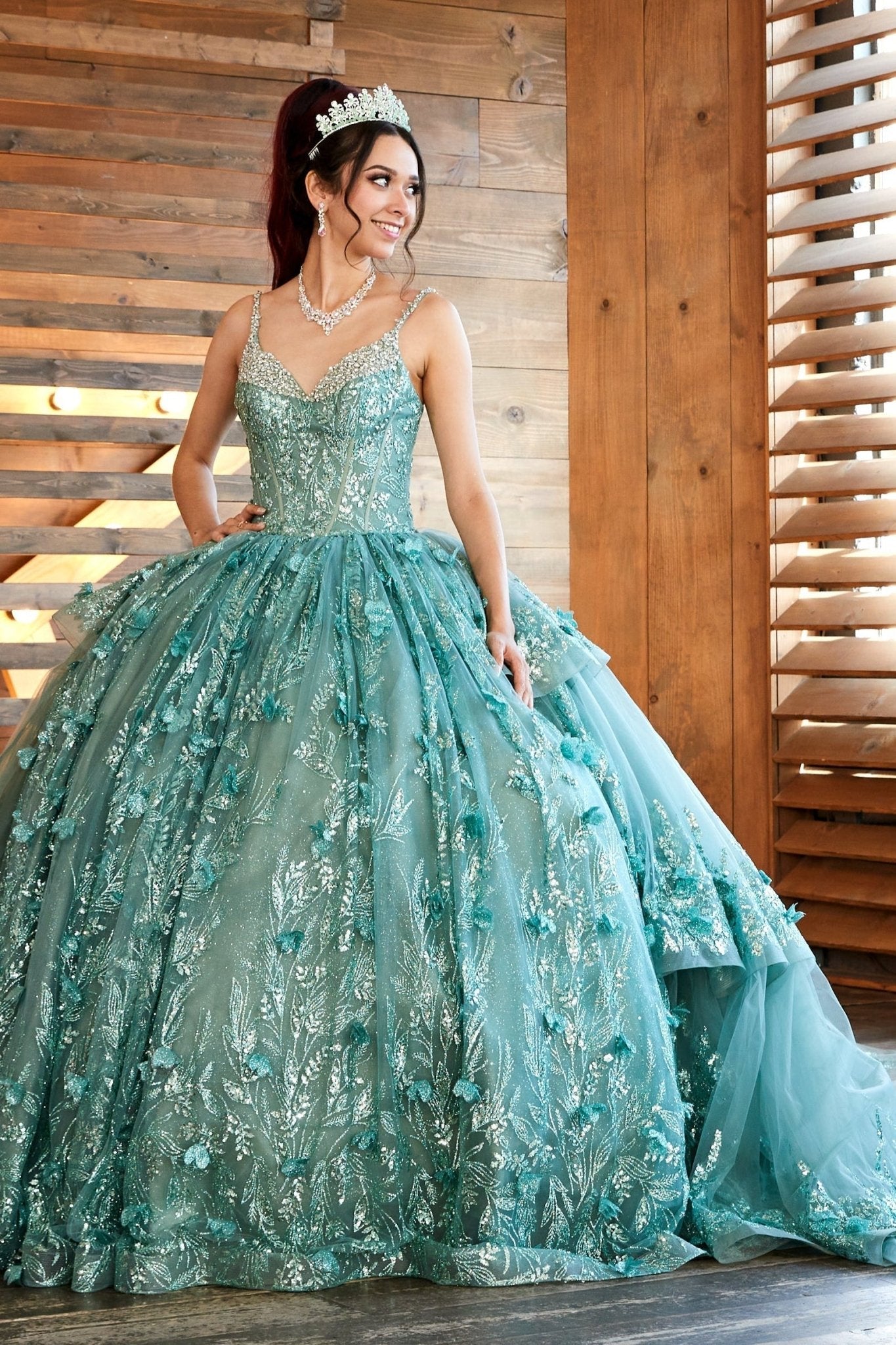 Sage V-Neck Glitter Dress with Crystal Trim Sweet 15 Ball Gown M / Sage Sage V-Neck Glitter Dress with Crystal Trim Sweet 15 Ball Gown M / Sage