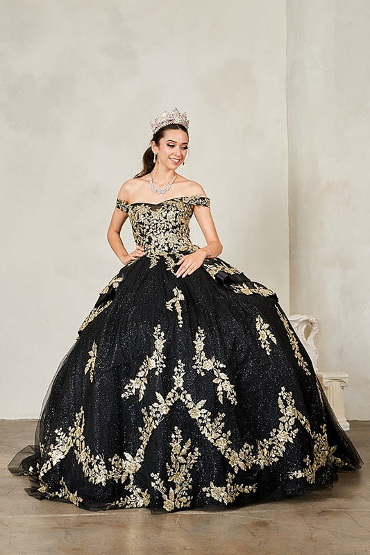 Quinceanera | Black Off-Shoulder Beaded Embroidered Quince Gown with Glitter Layered Skirt and Ruffle Satin Train | Severina dress