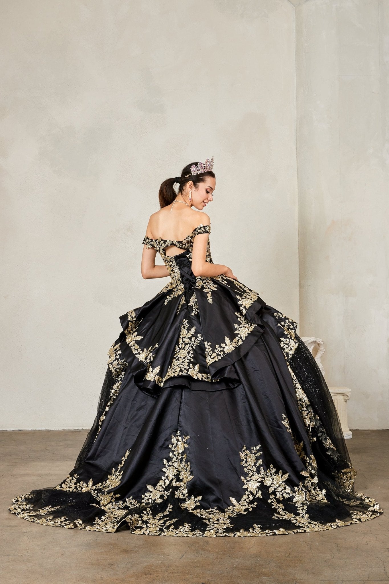 mini gold satin dress Black Quinceañera Ball Gown with Beaded Embroidery – American Stride