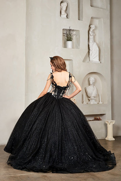 Quinceanera | Black Sheer Bodice and 3D Floral Embroidery | Tia dress | 3 Colors Available back view