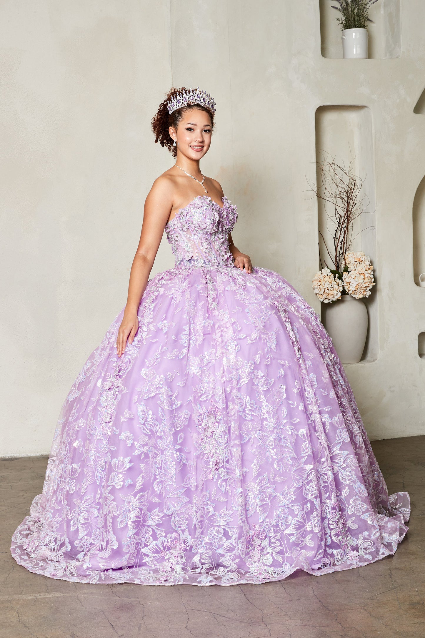 Quinceanera | Lilac Strapless Sheer Bodice Gown with 3D Floral Appliqués and Glittering Butterfly Details | Tavita dress | 3 Colors Available side view