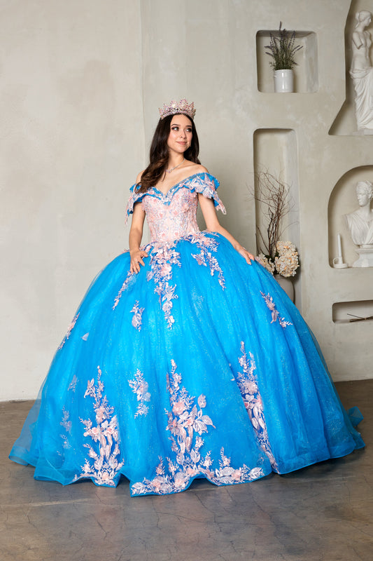 Quinceanera | Turqoise Blush Crystal Beaded Embroidered Bodice and 3D Floral Appliqués Quince Ballgown | Santana dress