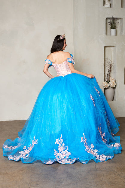 Quinceanera | Turqoise Blush Crystal Beaded Embroidered Bodice and 3D Floral Appliqués Quince Ballgown | Santana dress