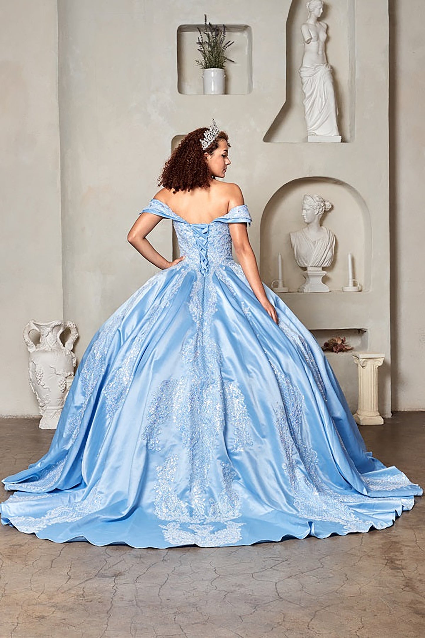 Quinceanera | Cinderella Blue Crystal Beaded Bodice and 3D Floral Appliqués Sweet 15 Ball Gown | Sierra dress back view