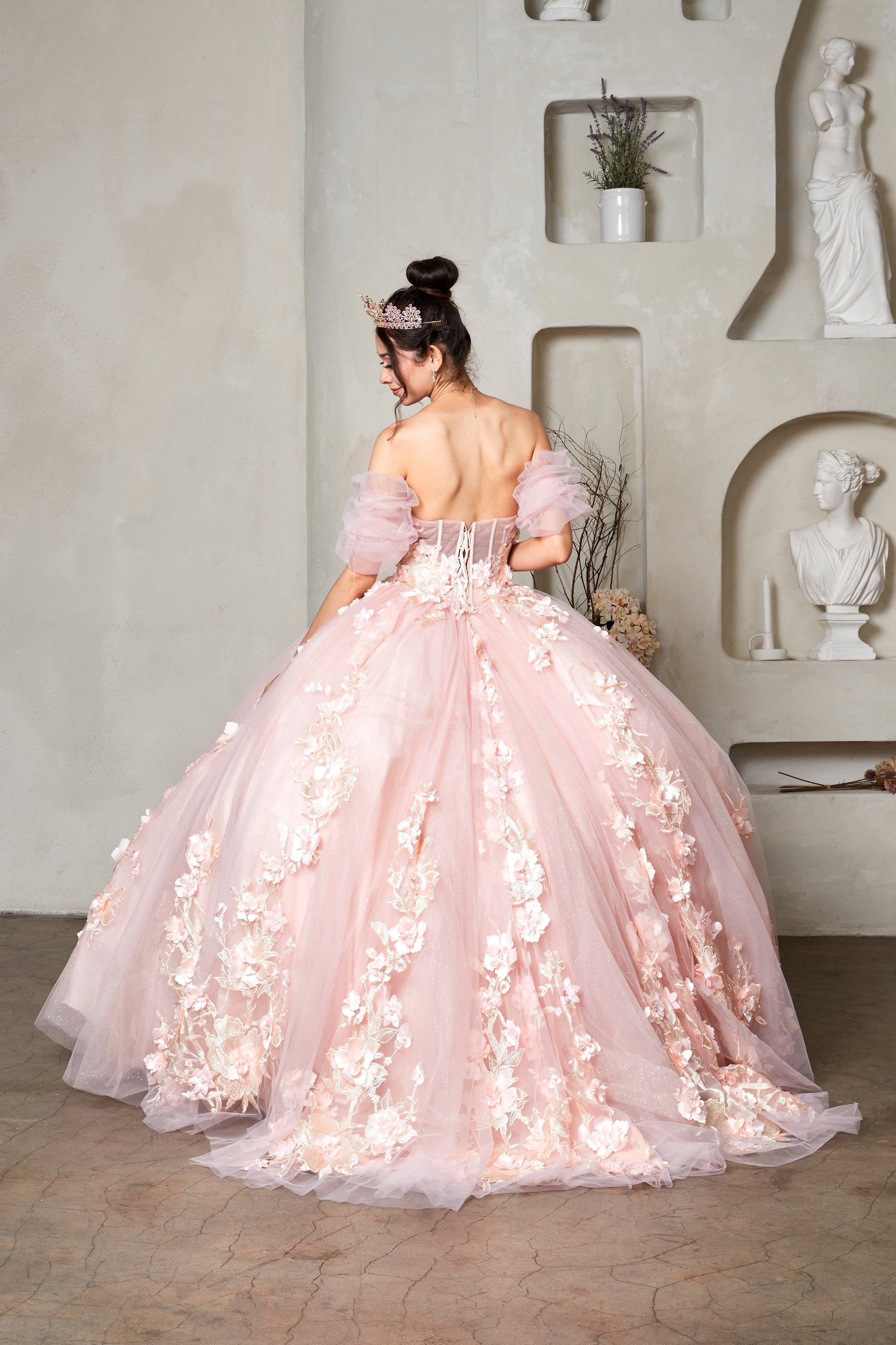 Quinceanera | Sweetheart Corset Gown with Ruffle Sleeves and 3D Floral Appliqués Sweet 15 Ball Gown | Socorra dress back view