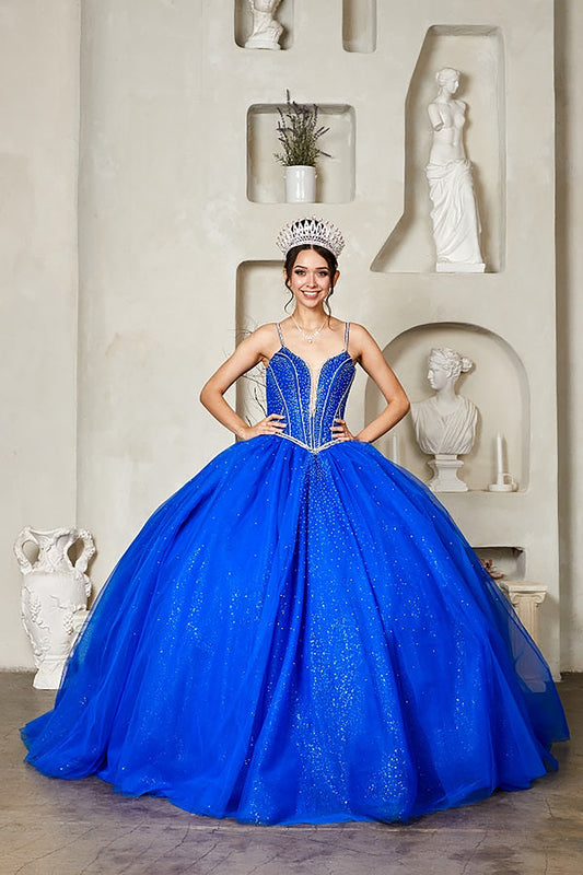 Quinceanera | Blue Corseted Crystal Beaded Gown with V-Neckline and Glitter Tulle Skirt | Tabora dress | 3 Colors Available