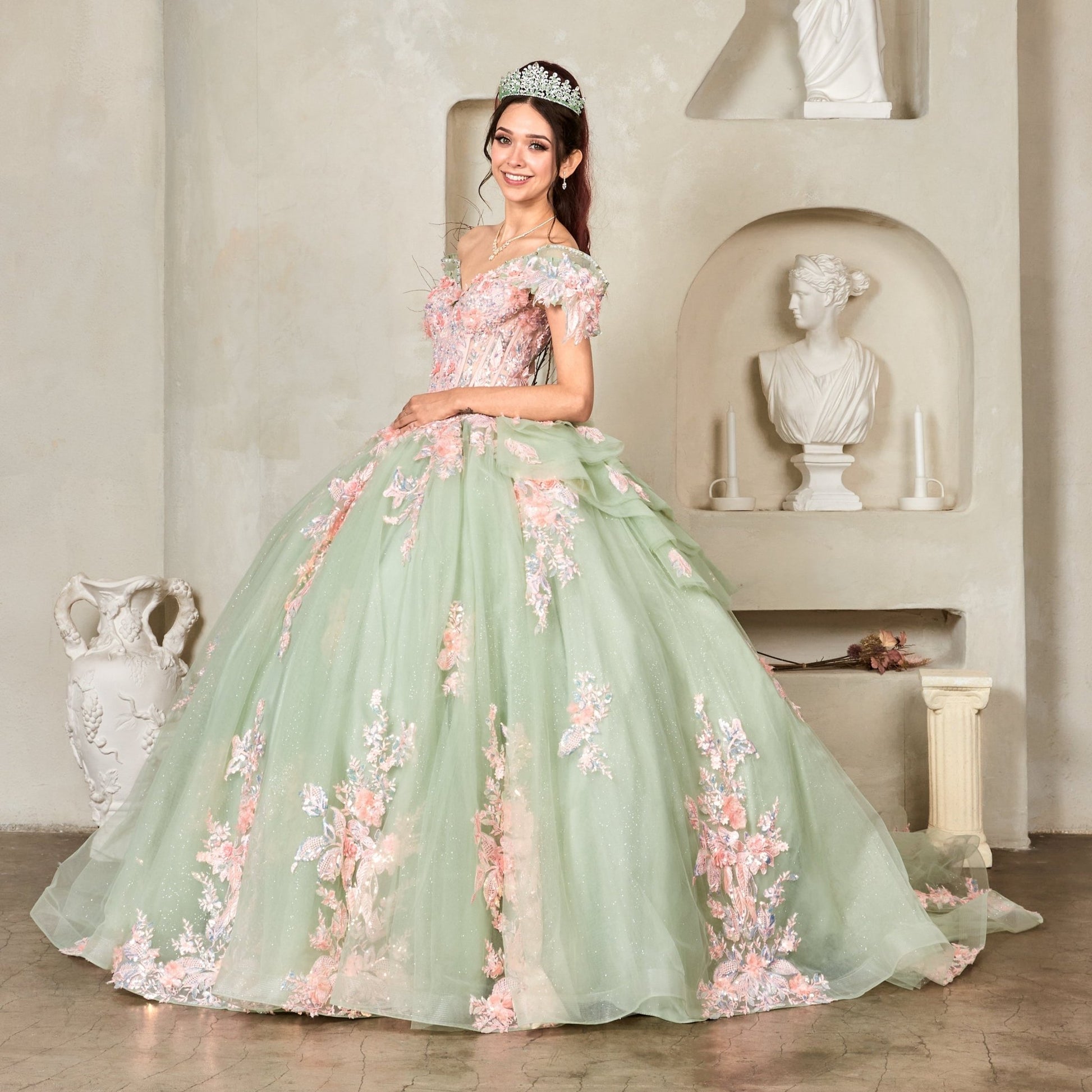 Sage Blush Ball Gown with Crystal Beaded Bodice and 3D Florals American Stride Sage Blush Ball Gown with Crystal Beaded Bodice and 3D Florals American Stride