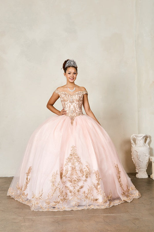 Quinceanera | Blush Embroidered Lace Appliqué Off-Shoulder A-Line Gown with Glitter Tulle Overlay Sweet 15 Ball Gown | Sol dress | 4 Colors Available