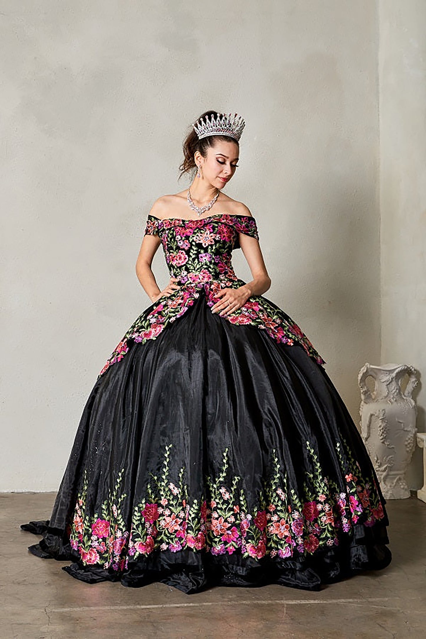 Quinceanera | Black Velvet Charra Dress with Off-Shoulder Floral Embroidered Bodice | Ventura dress