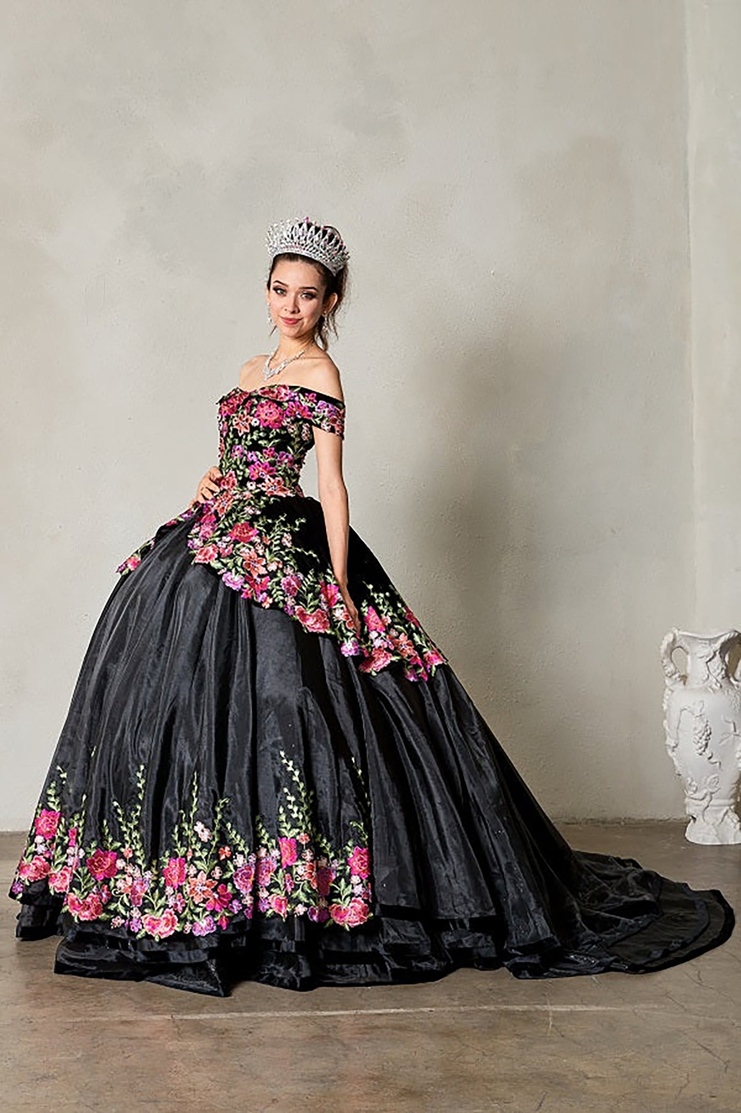 Quinceanera | Black Velvet Charra Dress with Off-Shoulder Floral Embroidered Bodice | Ventura dress side view