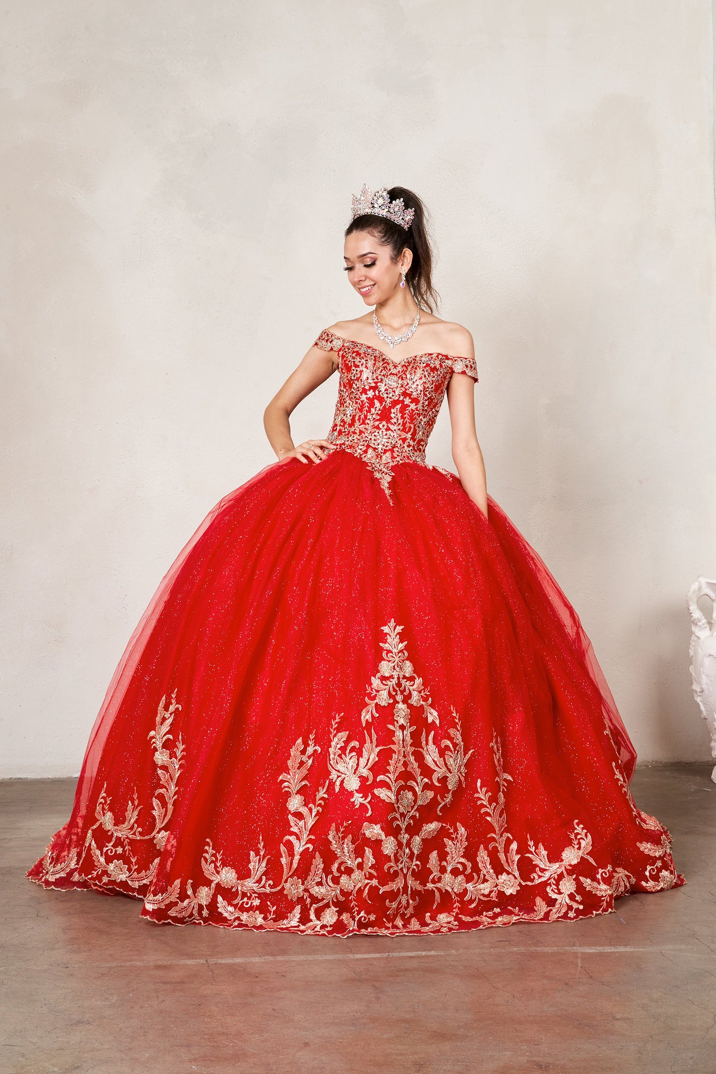 Quinceanera | Red Embroidered Lace Appliqué Off-Shoulder A-Line Gown with Glitter Tulle Overlay Sweet 15 Ball Gown | Sol dress | 4 Colors Available