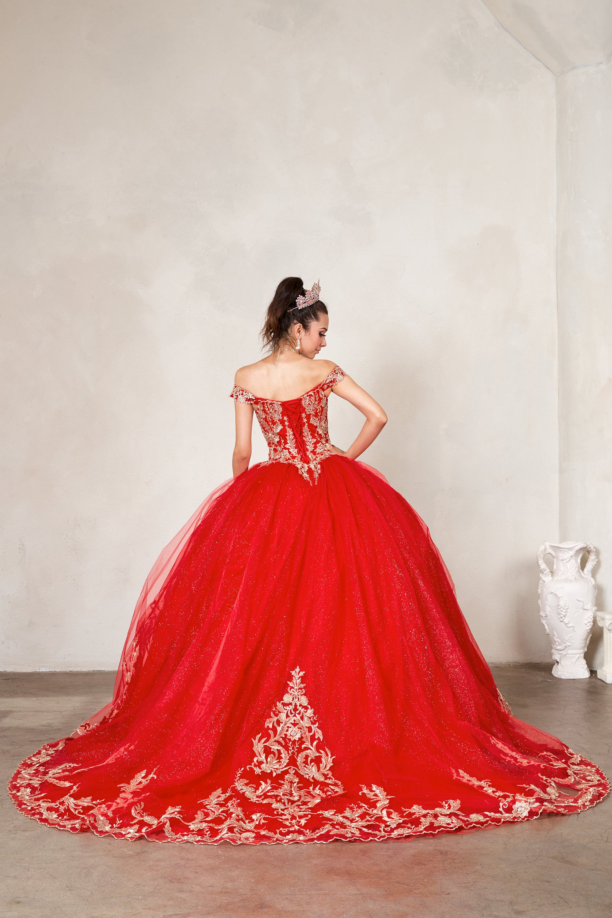 Quinceanera | Red Embroidered Lace Appliqué Off-Shoulder A-Line Gown with Glitter Tulle Overlay Sweet 15 Ball Gown | Sol dress | 4 Colors Available back view