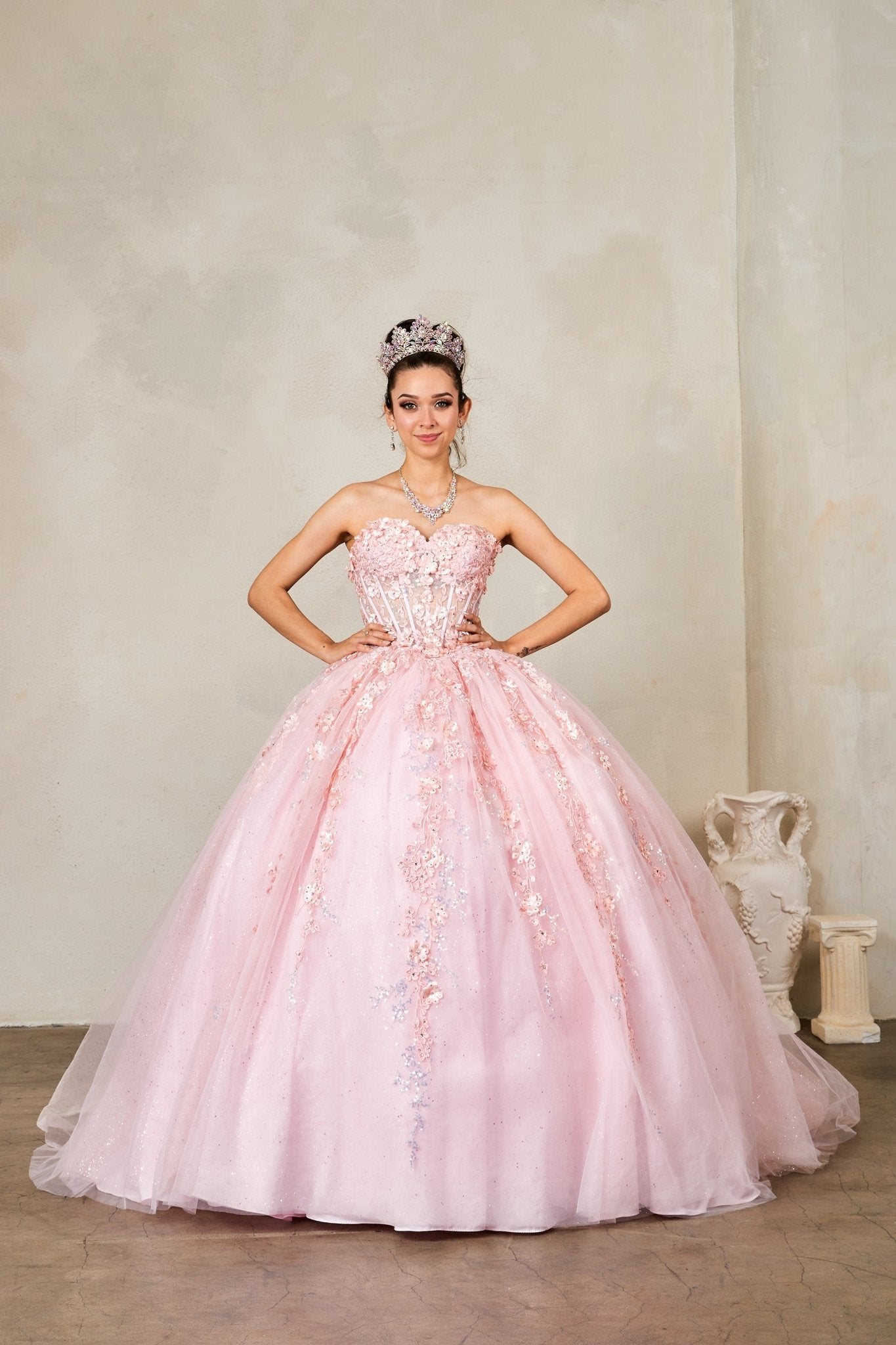 Blush Elegant Glitter Tulle Quinceaera Dress with 3D Flowers American Stride Blush Elegant Glitter Tulle Quinceaera Dress with 3D Flowers American Stride