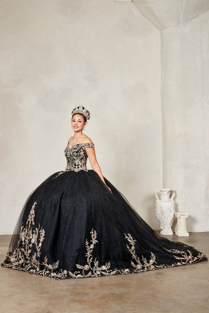 Woman in a black and gold embroidered gown with a tiara in a neutral setting