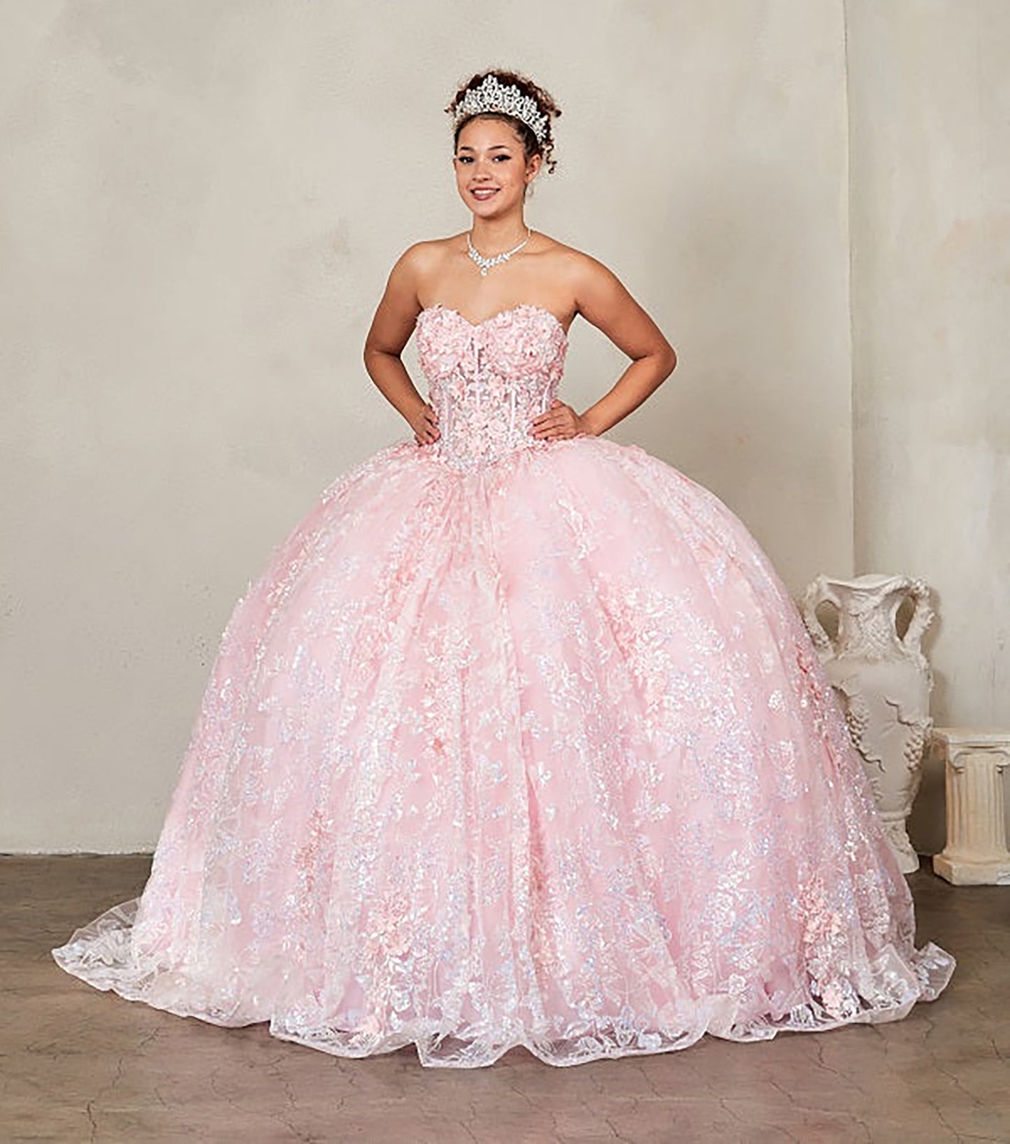 Quinceanera | Blush Strapless Sheer Bodice Gown with 3D Floral Appliqués and Glittering Butterfly Details | Tavita dress | 2 Colors Available front