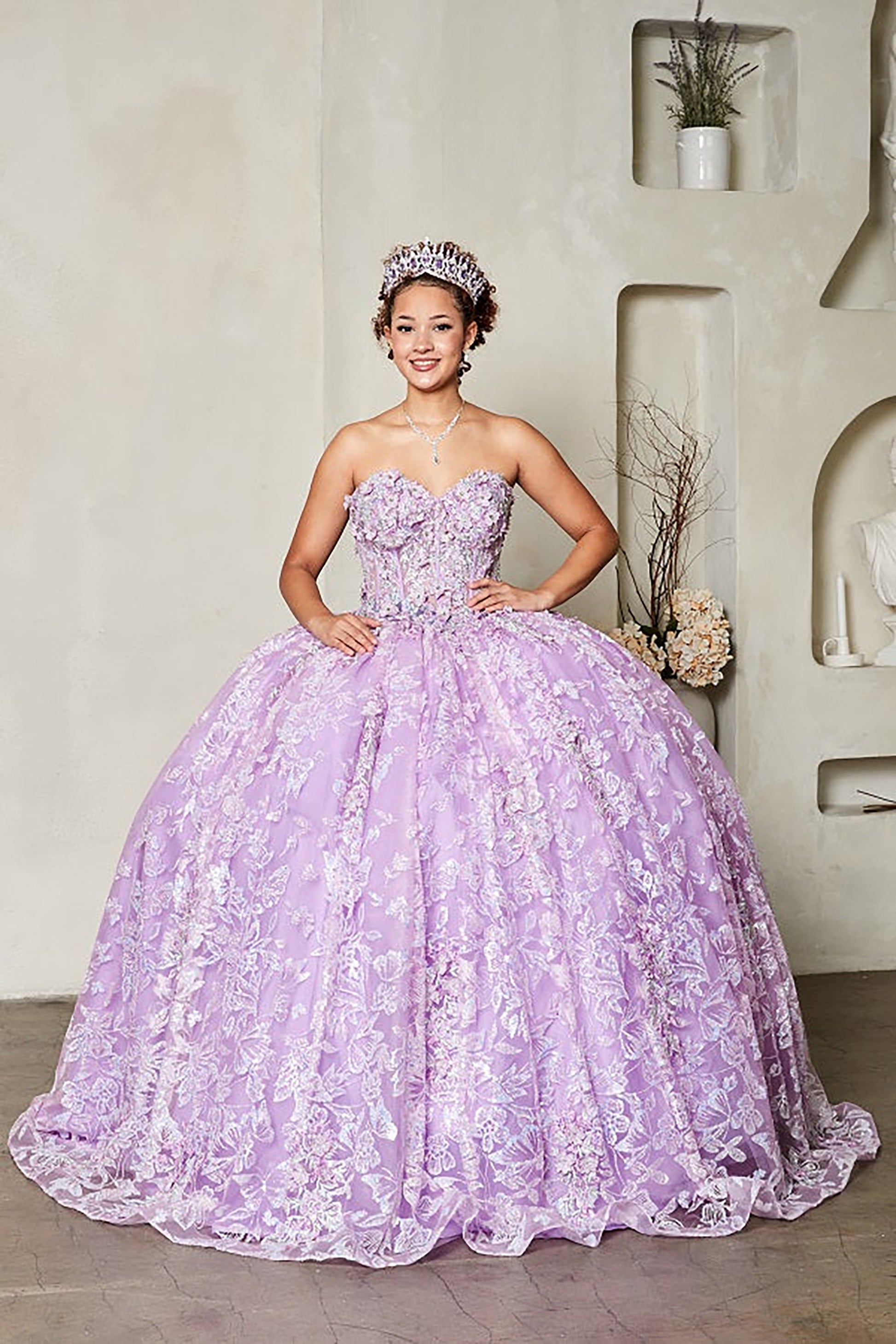 Quinceanera | Lilac Strapless Sheer Bodice Gown with 3D Floral Appliqués and Glittering Butterfly Details | Tavita dress | 3 Colors Available