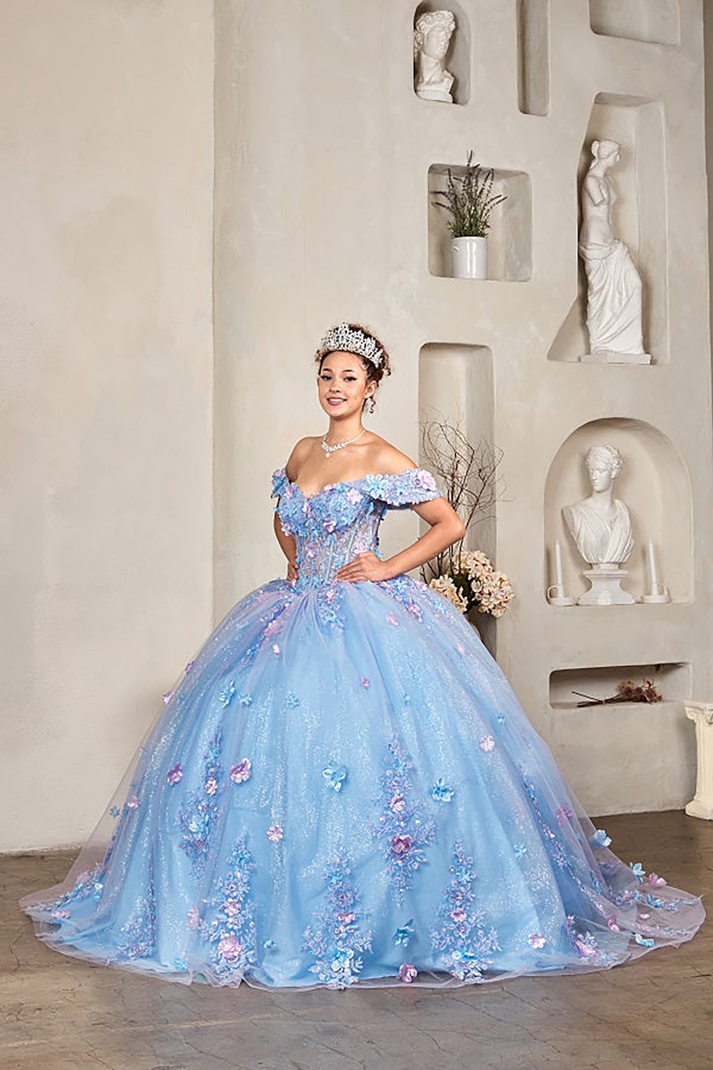 Quinceanera | Blue Lilac Two-Tone Quince Gown with Off-Shoulder Illusion Sweetheart Corset Bodice | Silvia dress