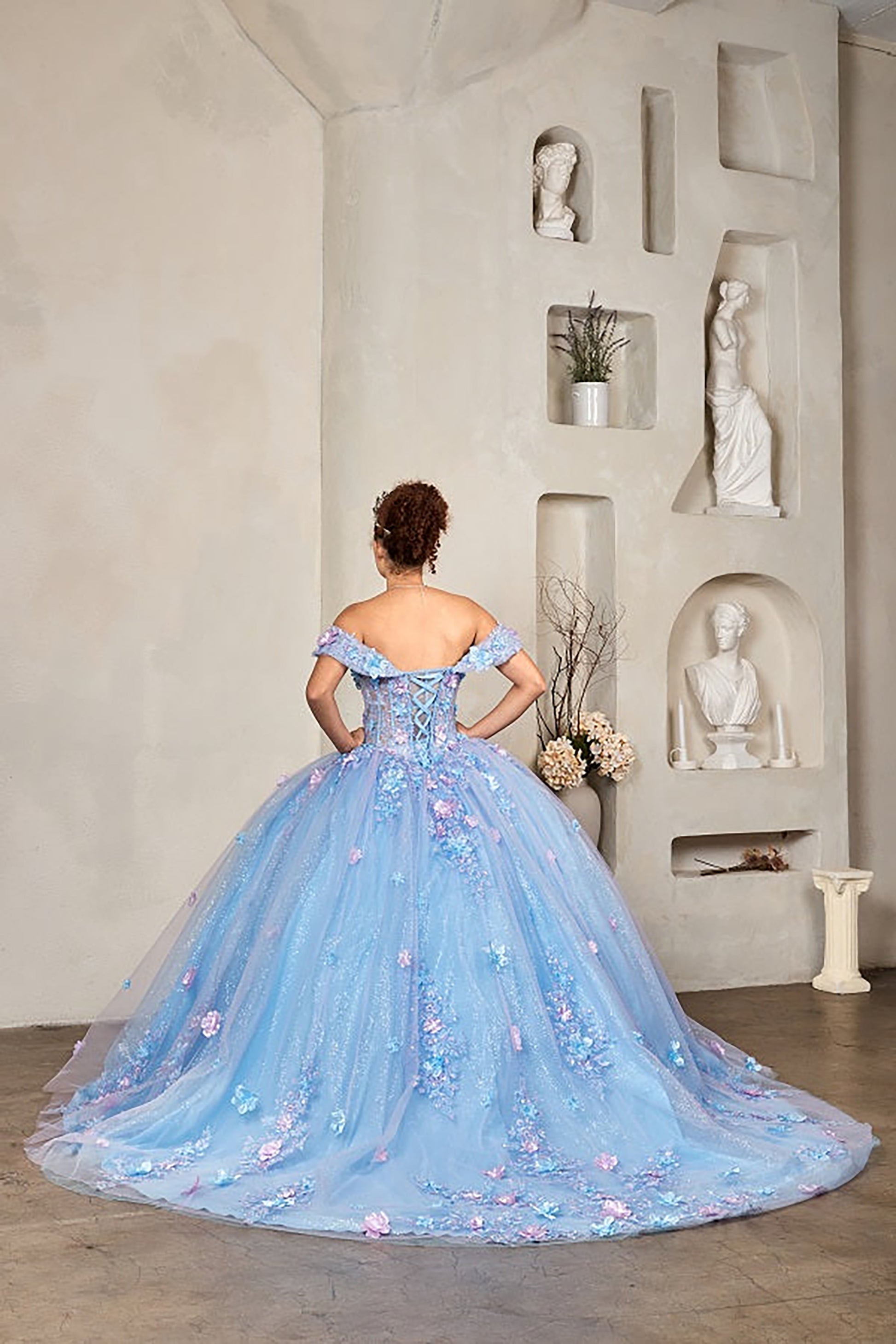 Quinceanera | Blue Lilac Two-Tone Quince Gown with Off-Shoulder Illusion Sweetheart Corset Bodice | Silvia dress back view