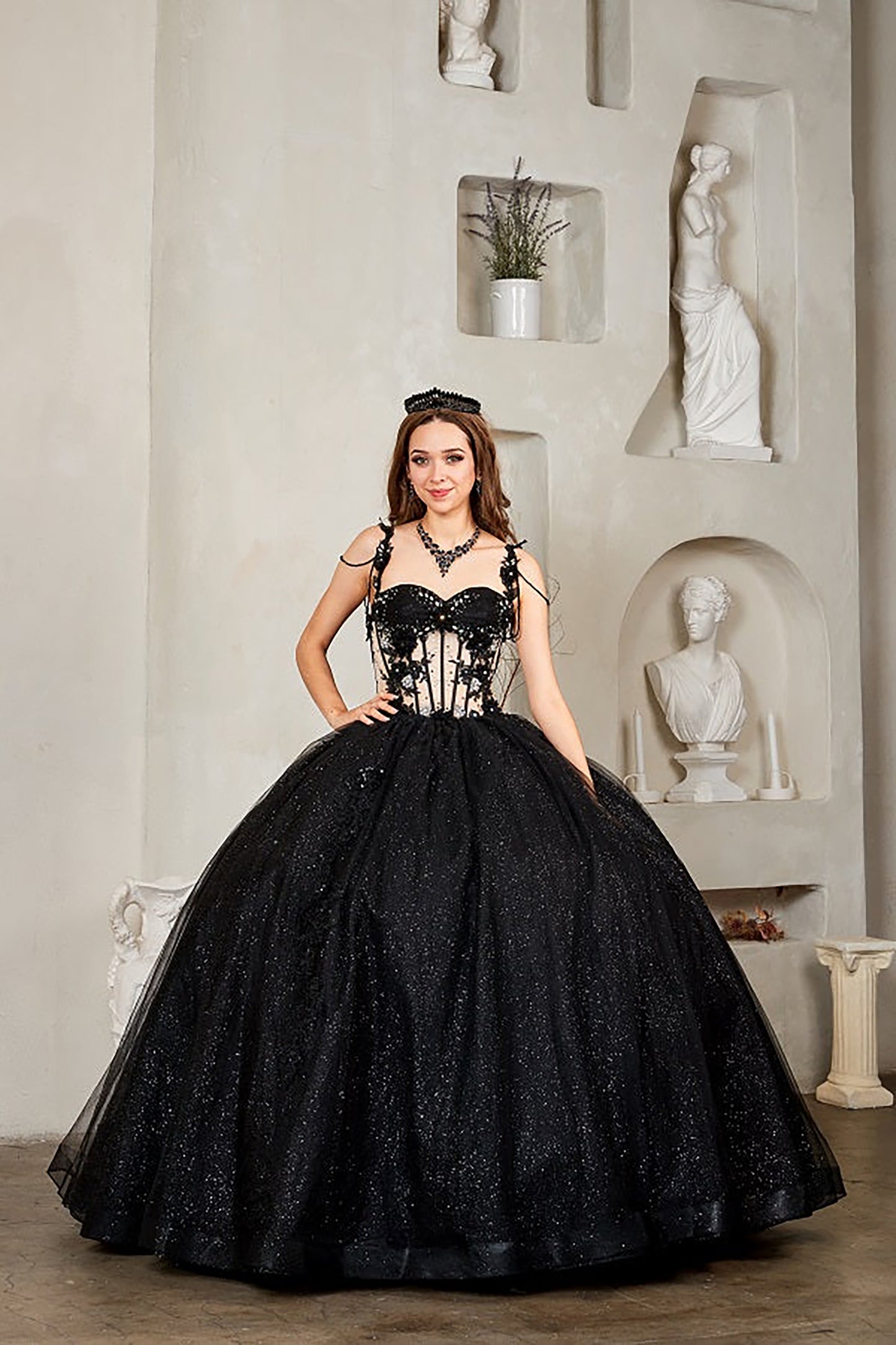 Quinceanera | Black Sheer Bodice and 3D Floral Embroidery | Tia dress | 3 Colors Available