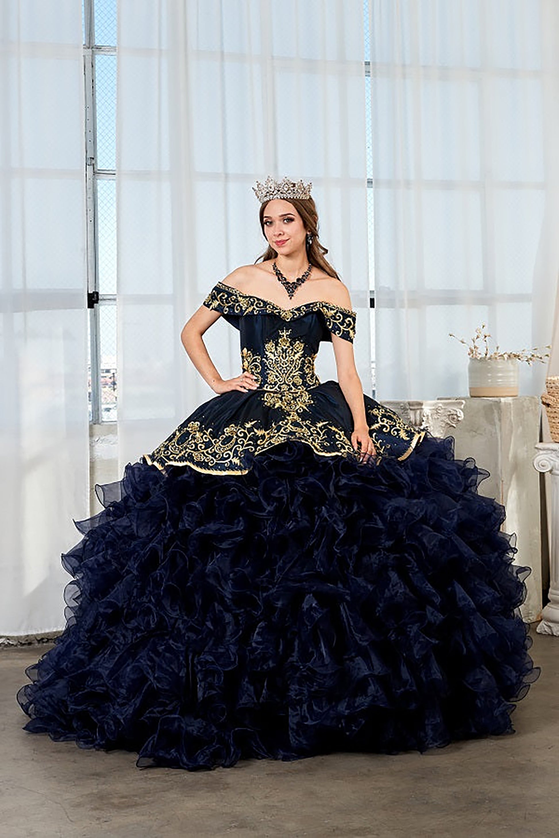 Quinceanera | Navy Strapless Ruffle Charra Dress with Beaded Embroidered Bodice | Vela dress | 4 Colors Available