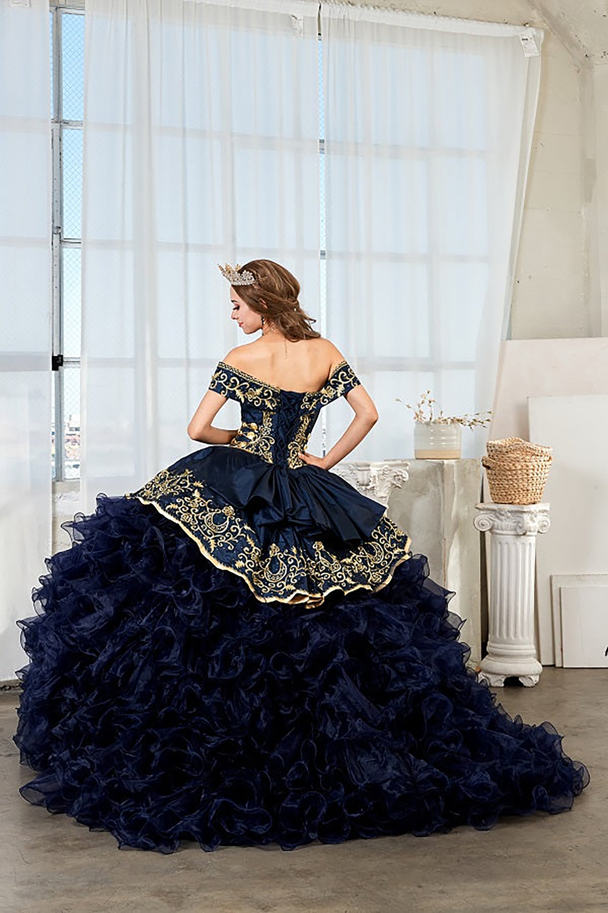 Quinceanera | Navy Strapless Ruffle Charra Dress with Beaded Embroidered Bodice | Vela dress | 4 Colors Available back view